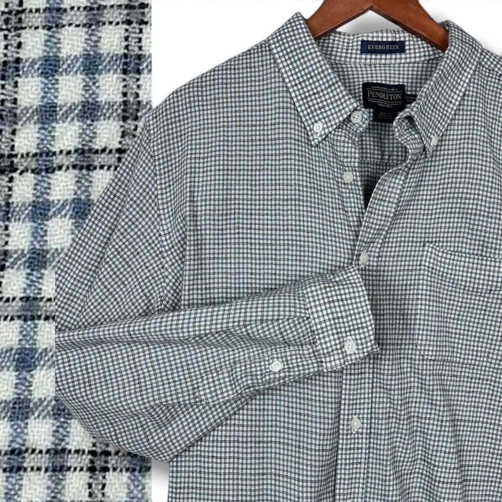 Pendleton Evergreen Fitted Virgin WOOL Shirt Button Up Cream Plaid Men’s 2XL